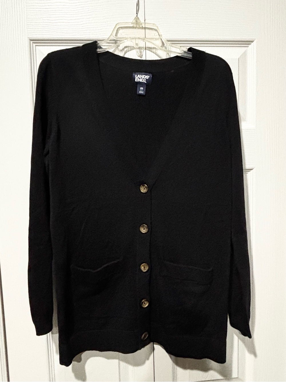 Lands' End Black Button-Front V-Neck Cardigan with Front Pockets